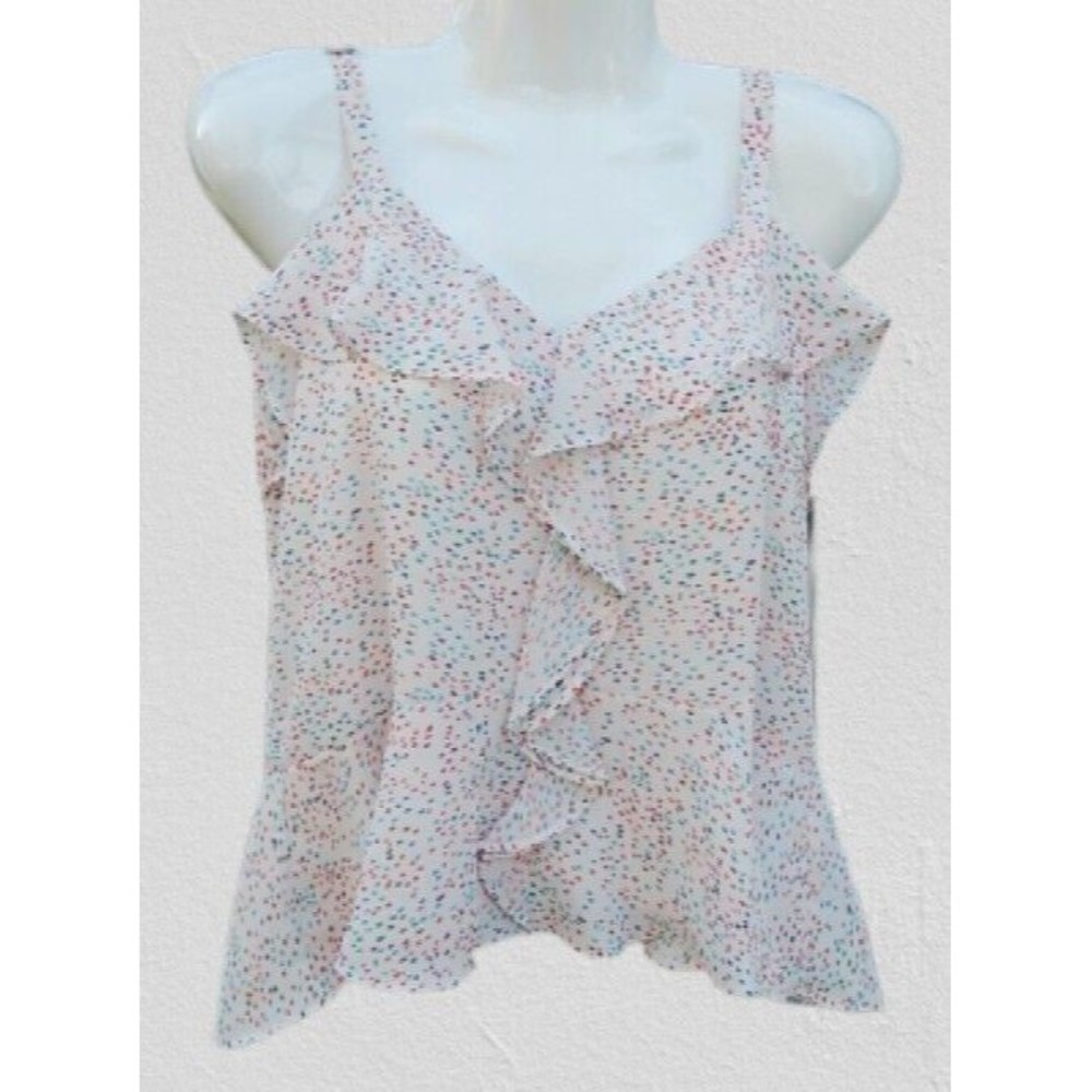 Parker Women's Blouse Sz XS Sleeveless Polka V-Neck Dot Chiffon Ruffle Flounce